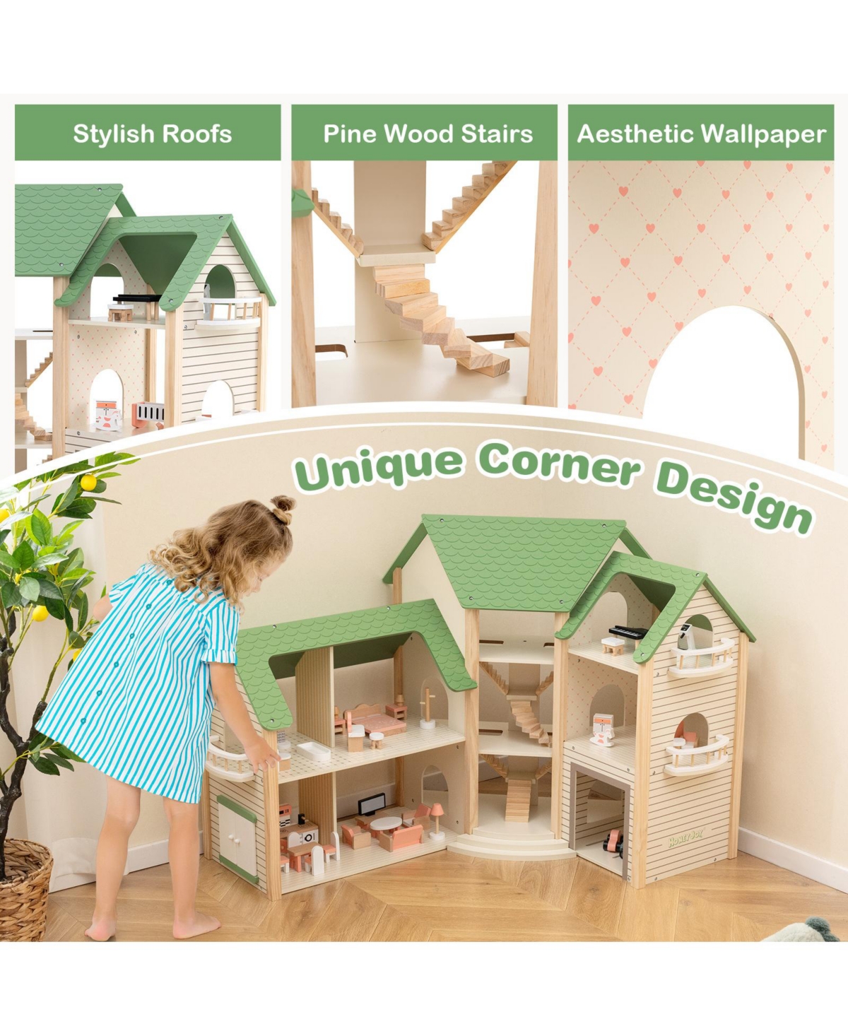 Hongge Wooden Corner Dollhouse Playset with 6 Rooms and 36 Pieces for Kids 3+ Years Old- Green