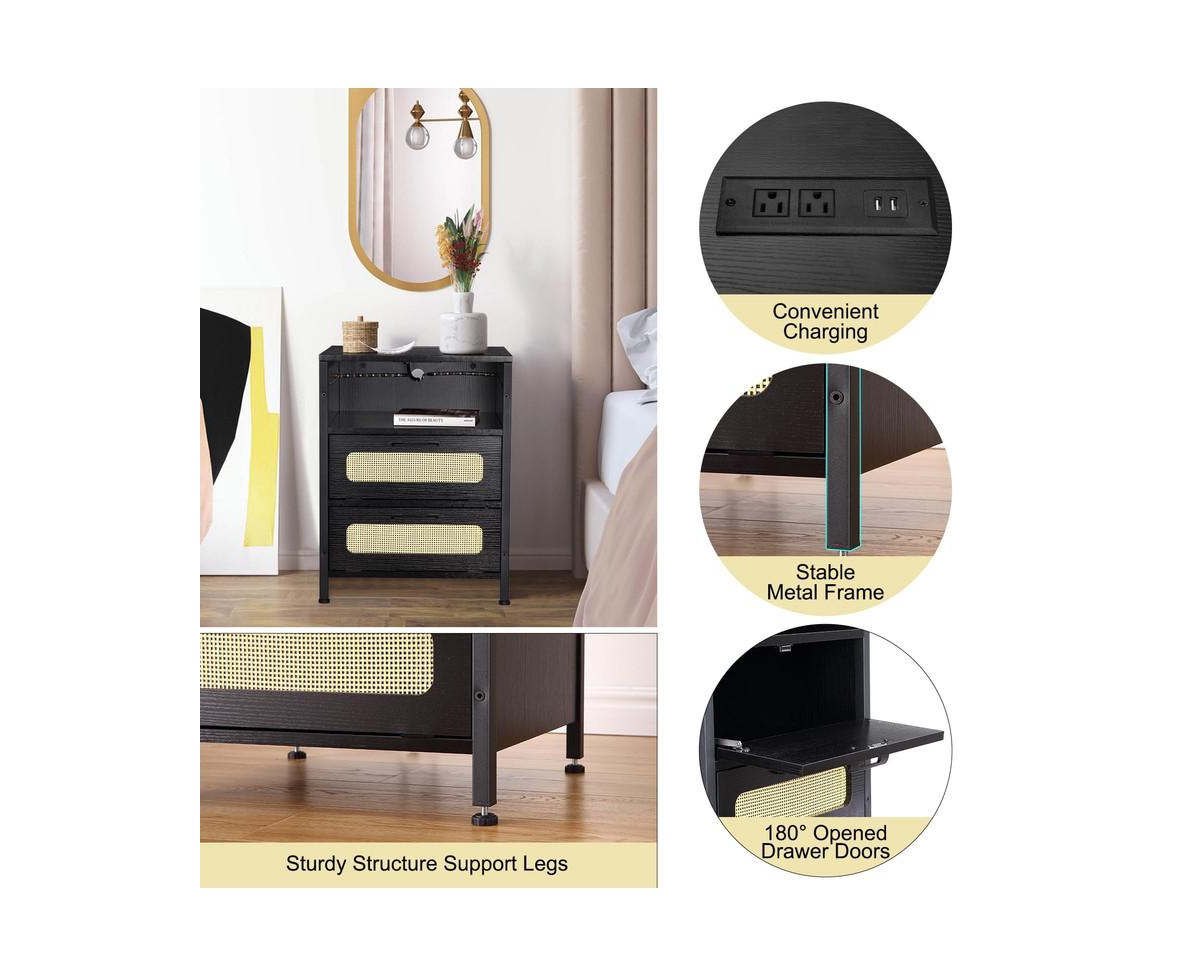 gaomon Modern Rattan Nightstand with Two Decorative Drawers, Boho End Table with Usb Charger Port, Storage Cabinet for Bedroom, Living Room, Office, D