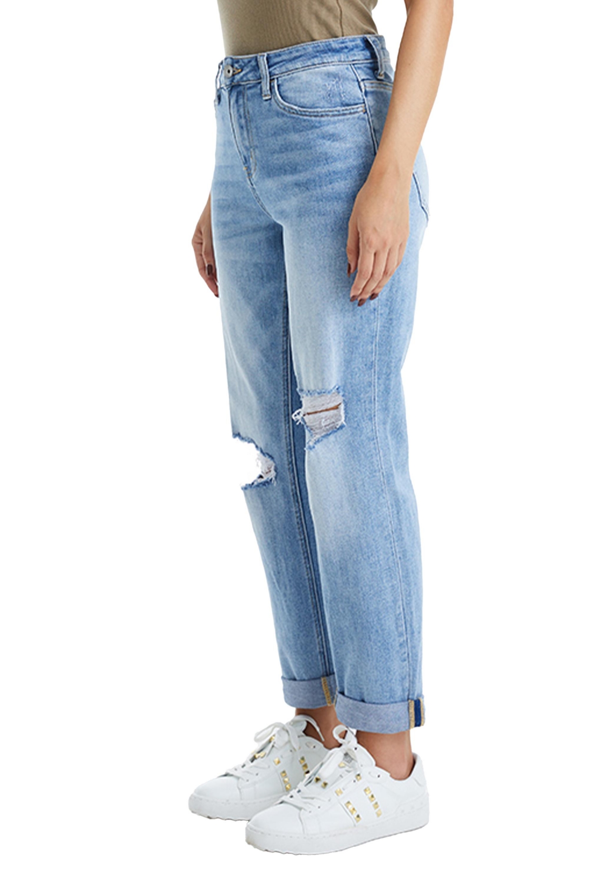 Bayeas High Rise Distressed Relaxed Boyfriend Jeans In Midnight Thunder