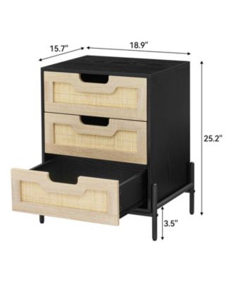 Rattan Nightstand, Black Nightstand with 3 Natural Rattan Drawers, Boho Mid Century Modern Bedside Table, Stylish End Table, and Functional Side Table Cabinet with Storage Drawers for Bedroom