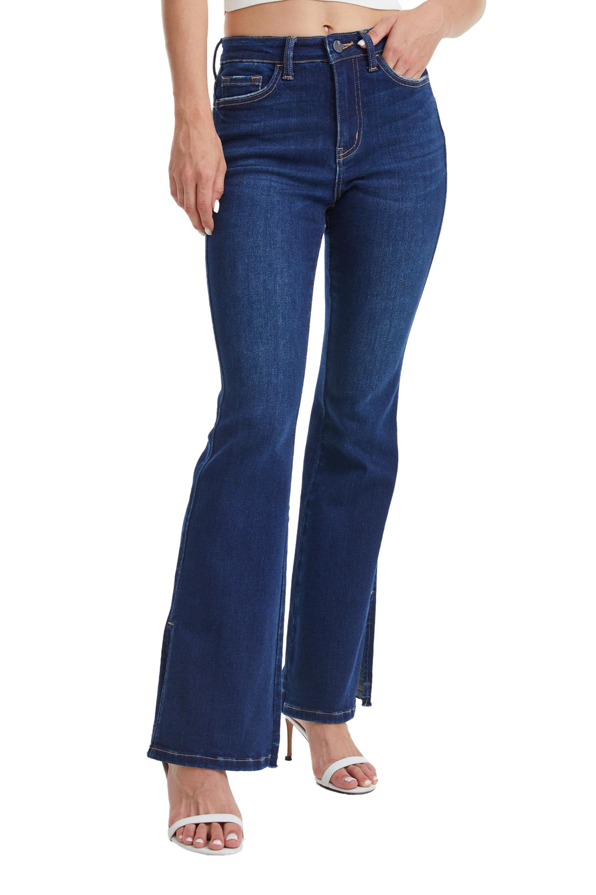 Bayeas Women's High Rise Flare Leg Jeans With Slit Hem In Sapphire