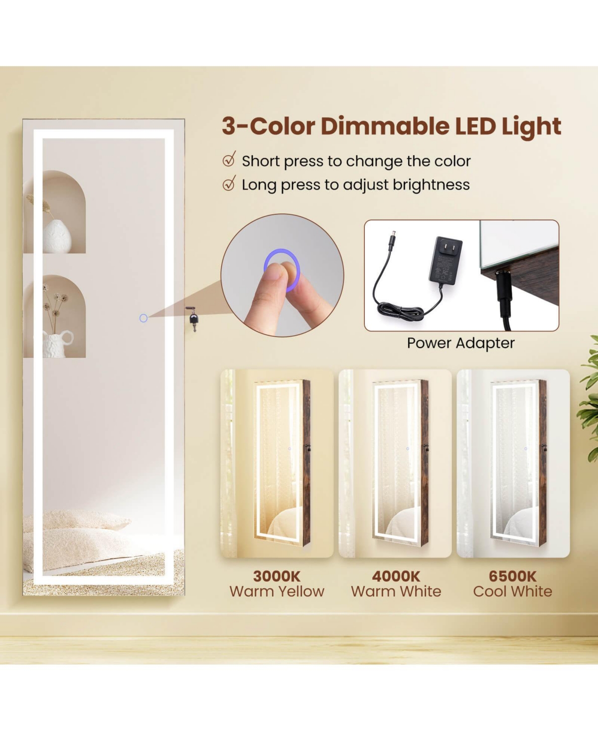 Costway Led Mirror Jewelry Cabinet Wall/Door Mounted Armoire 3 Color