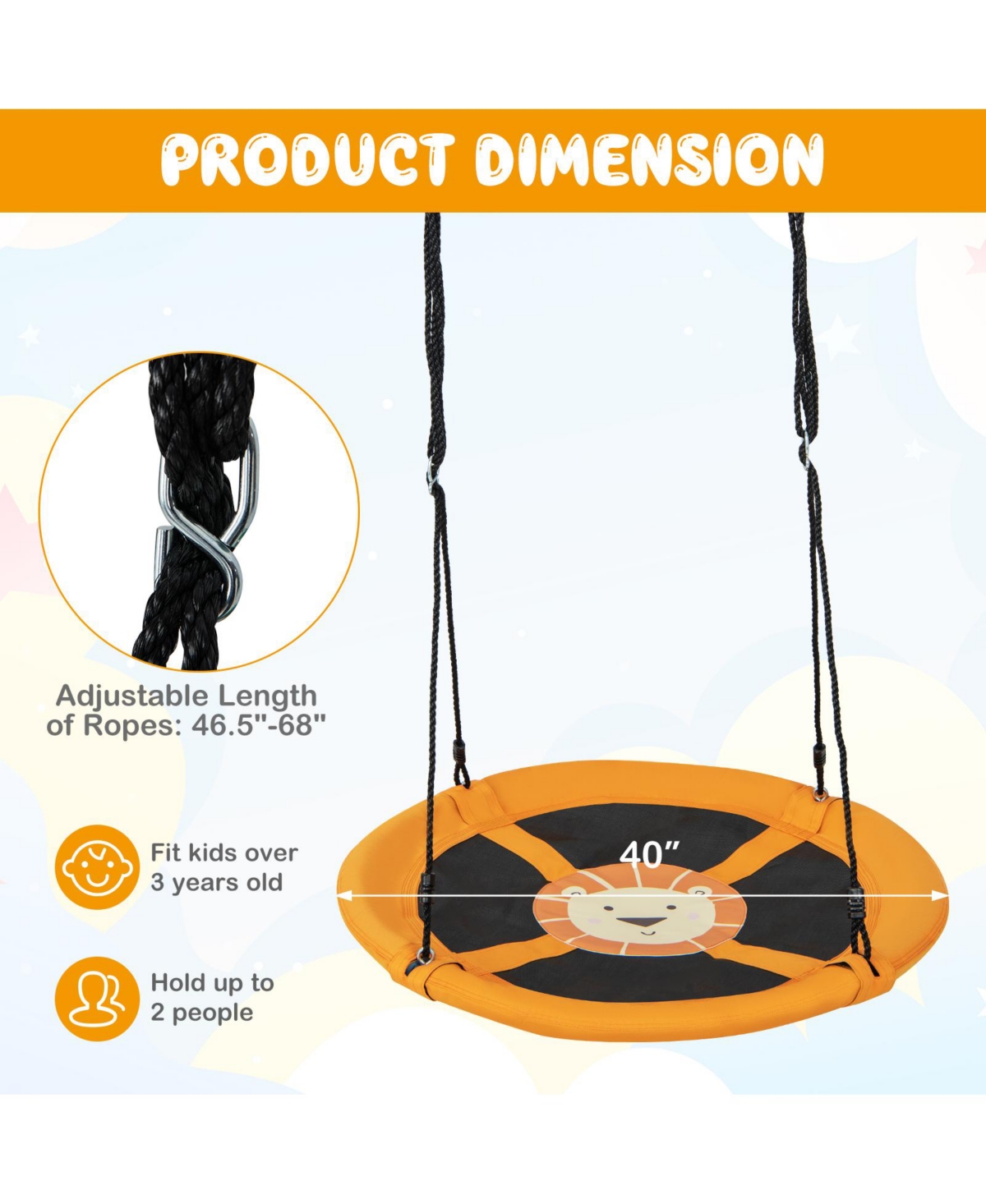 Hongge Inches Saucer Tree Swing Round with Adjustable Ropes and Carabiners- Yellow