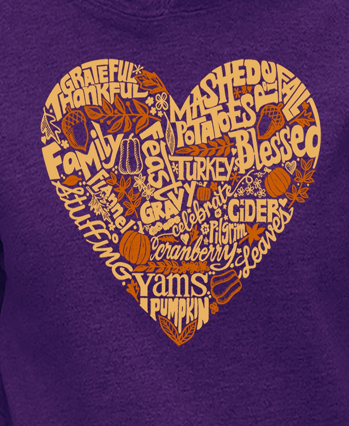 La Pop Art Women's Thanksgiving Heart Word Art Hooded Sweatshirt In Purple
