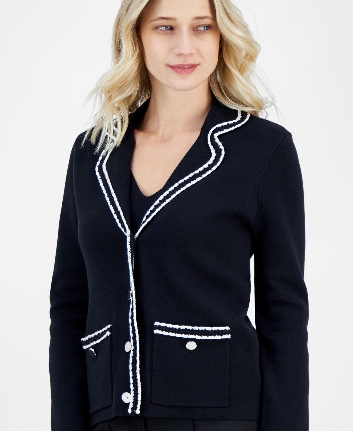 Shop Anne Klein Women's Braided-trim Notched-collar Cardigan Sweater In Anne Black