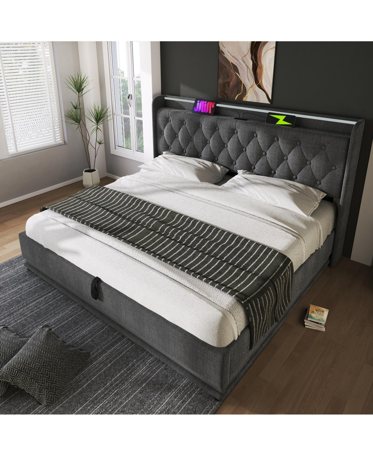 Streamdale Furniture Modern Upholstered Bed with 360 Led, Storage, and Usb-c Charging