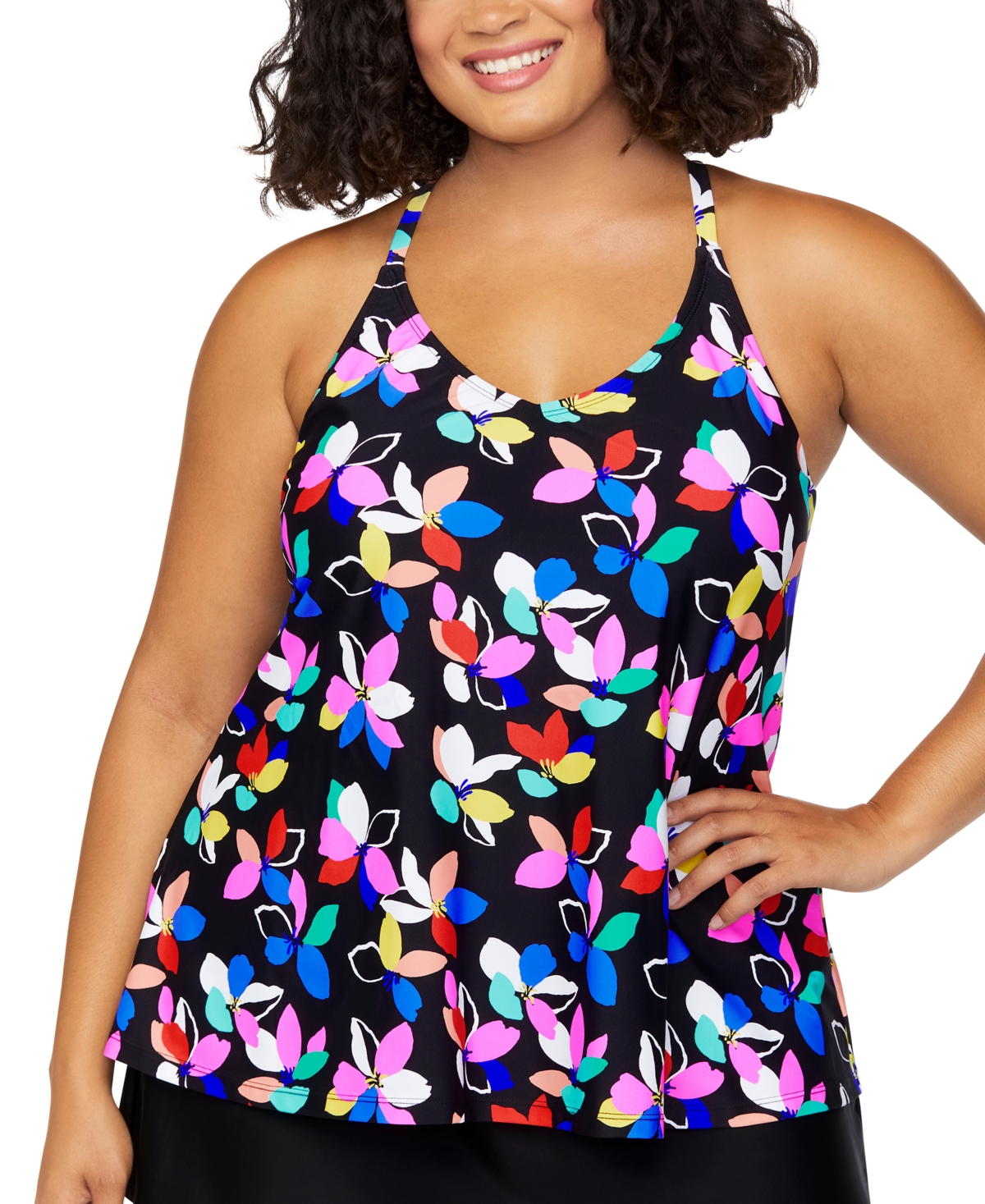 ISLAND ESCAPE PLUS SIZE PRINTED RACER-BACK TANKINI, EXCLUSIVELY AT MACY'S 