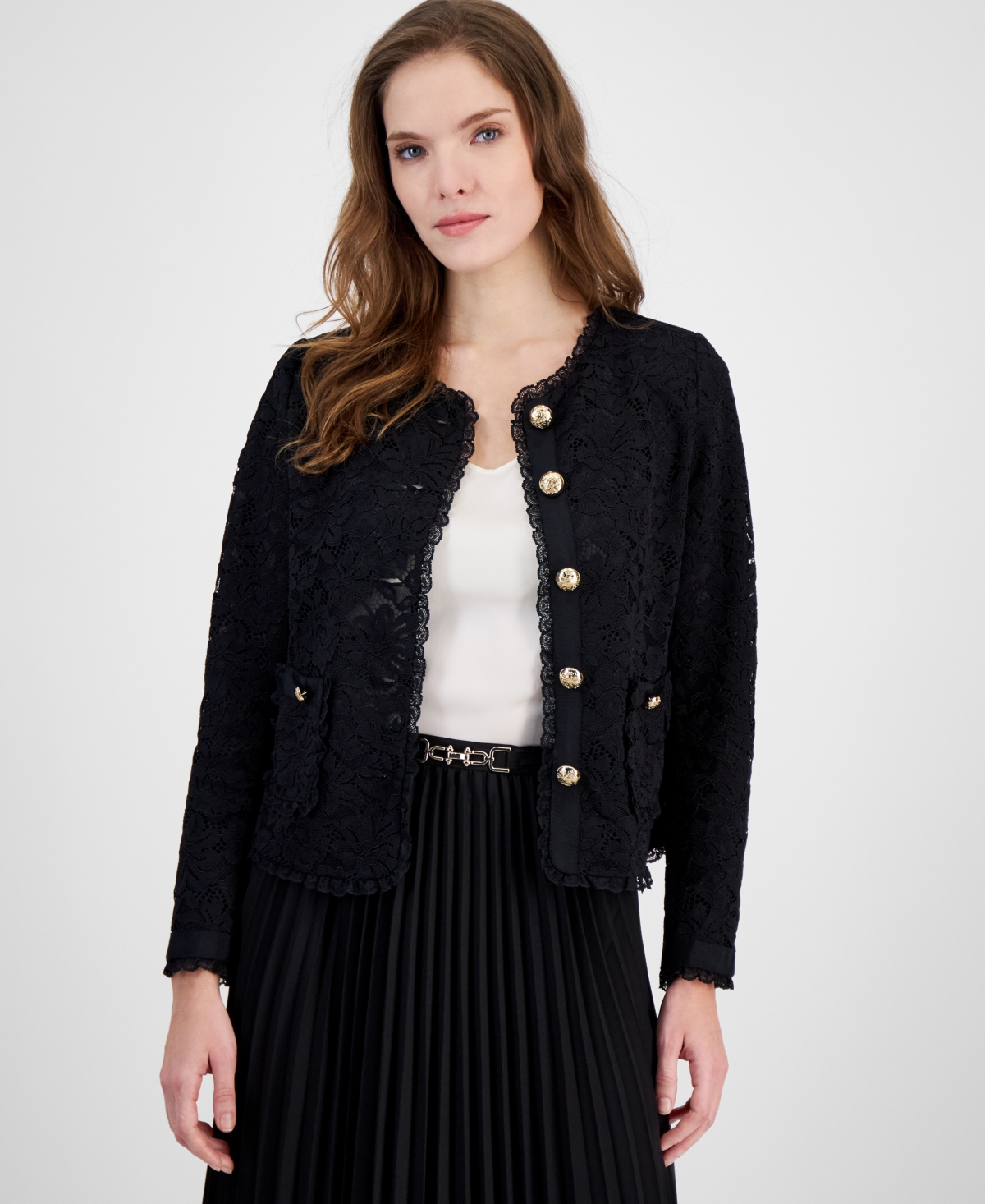Shop Anne Klein Women's Lace Button-front Patch-pocket Jacket In Anne Black