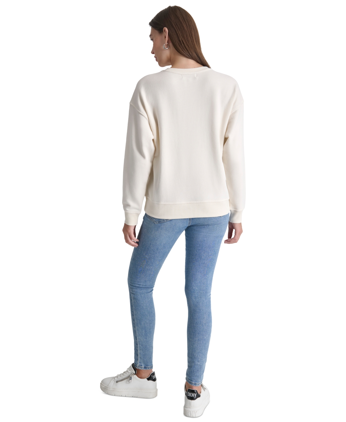 Dkny Jeans Women's Sequin Applique Satin Stitch Stack Logo Cotton Sweatshirt -light Gold