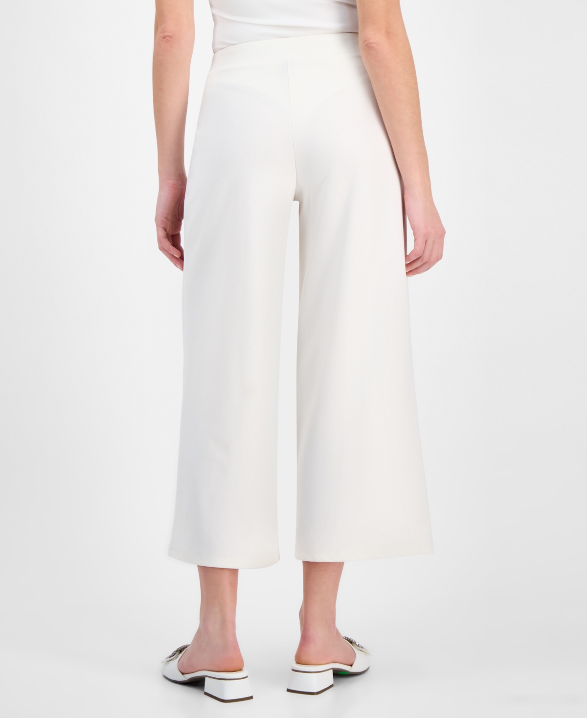 Shop Anne Klein Women's Textured Knit Crepe Pull-on Cropped Palazzo Pants In White Dove