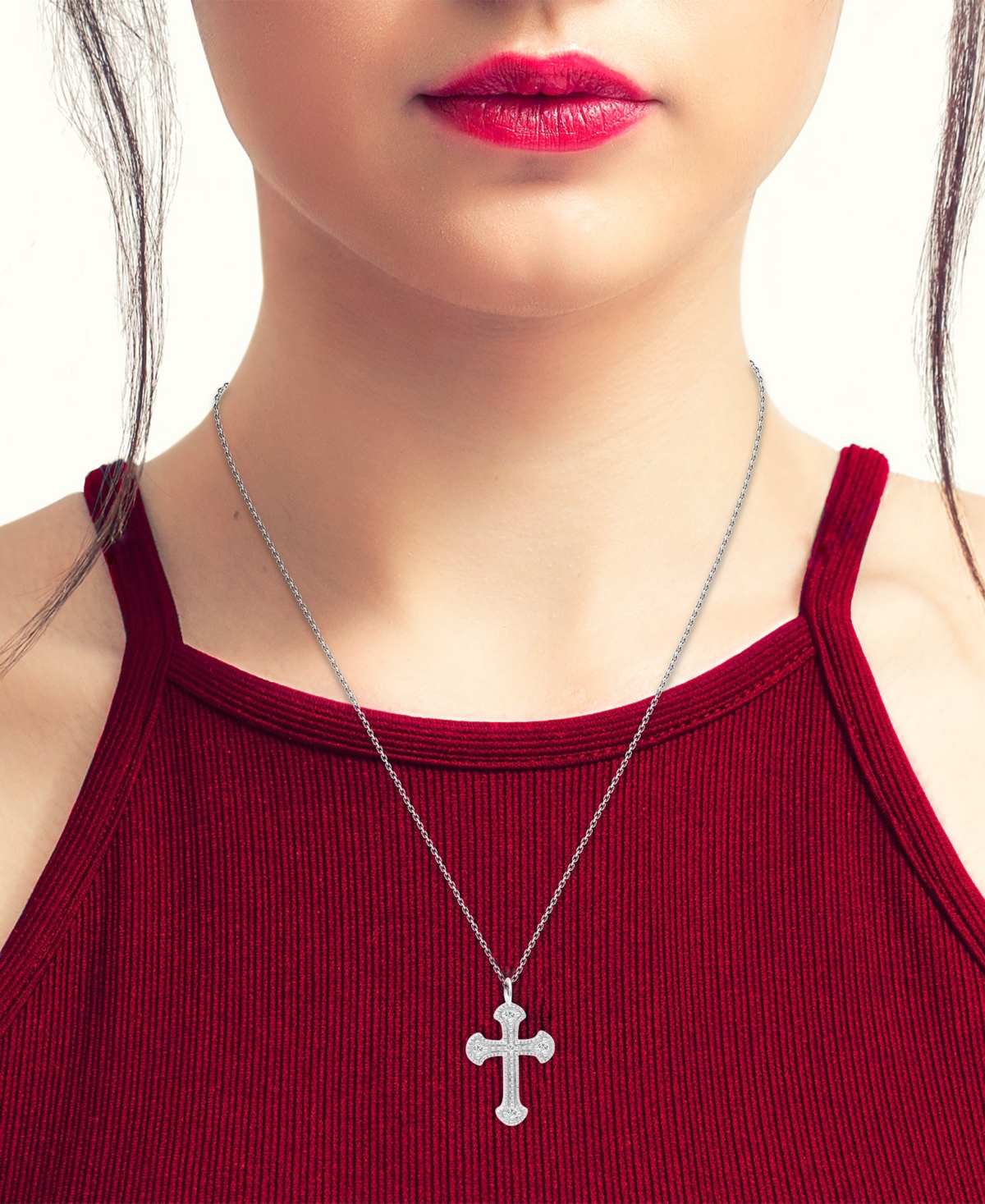 MACY'S DIAMOND BEADED CROSS PENDANT NECKLACE (1/20 CT. TW) IN 14K WHITE GOLD, 16" + 2" EXTENDER 