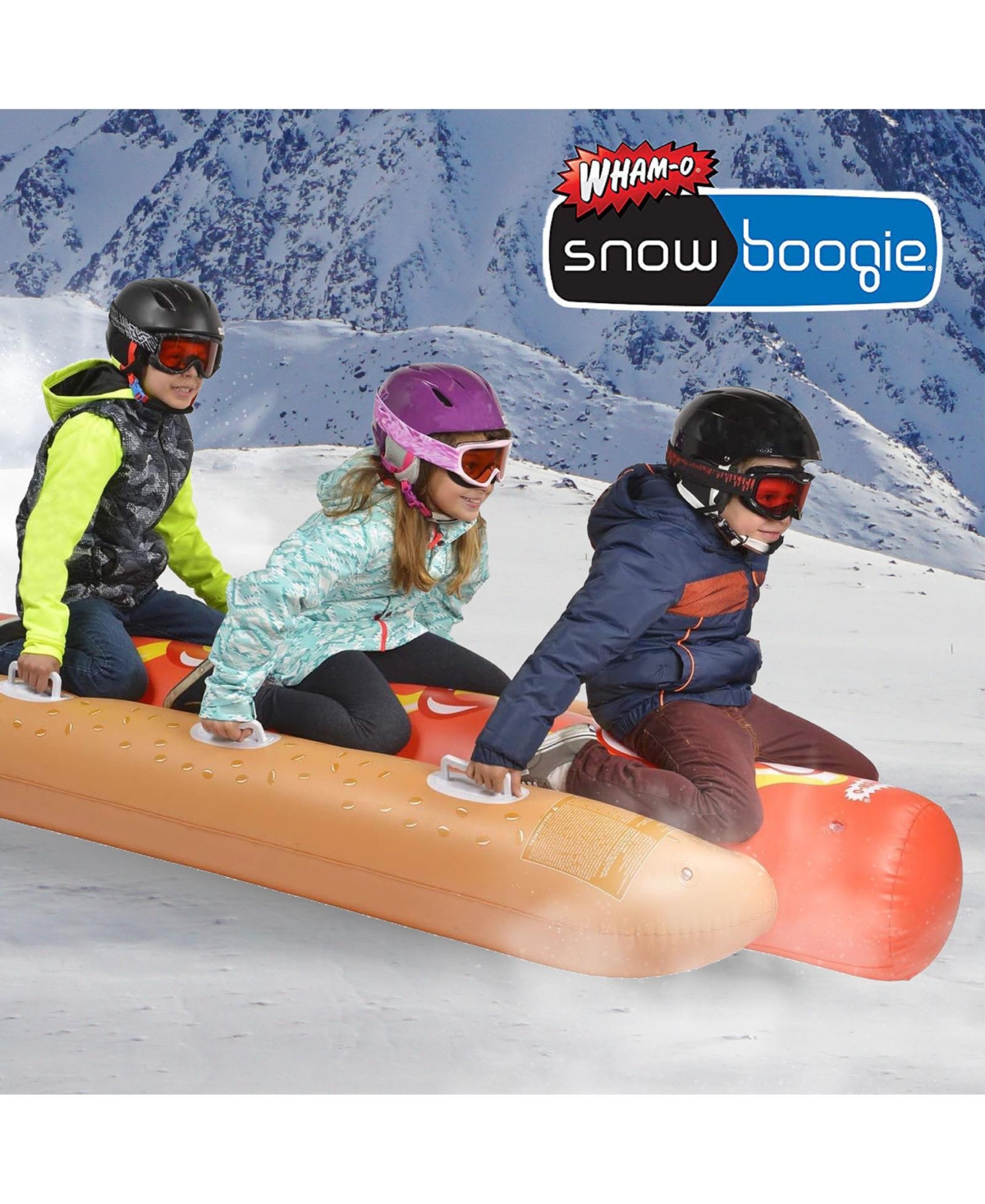 Wham-o Snowboogie Hot Dog Snow Tube, 3-Person Inflatable Snow Tube with Reinforced Handles, Durable Pvc Vinyl Snow Tube for Winter Snow Sledding S