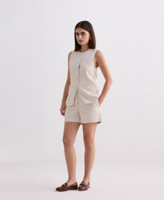 Women's Cotton Tweed Vest Jacket Set in Cream