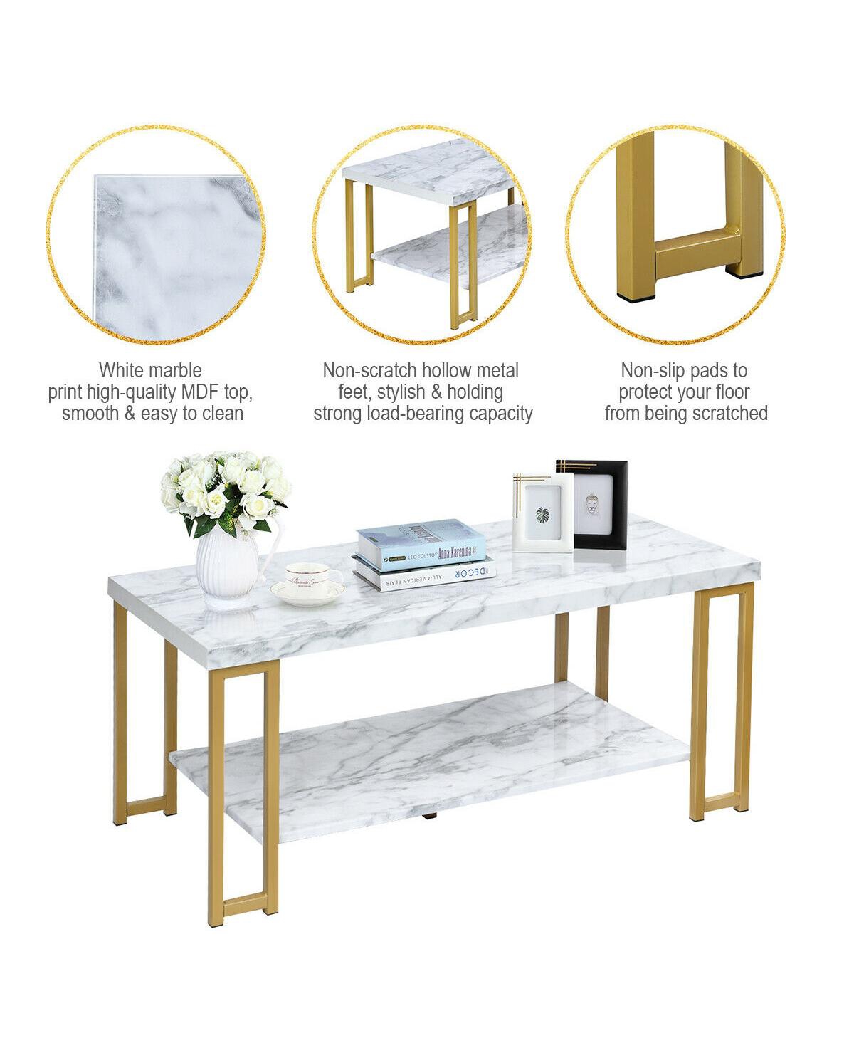Gymax Modern Coffee Table Faux Marble Top Accent Cocktail Table w/ Gold Metal Frame - White+gold