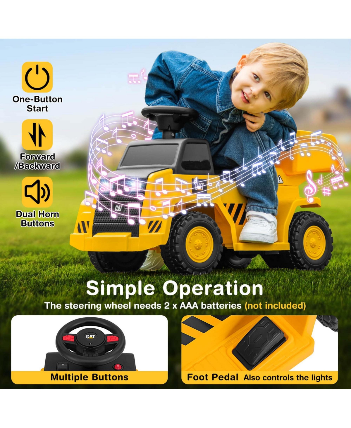 Costway Ride on Dump Truck with One-Button Start Horn Adjustable Dump Bed Treaded Wheels