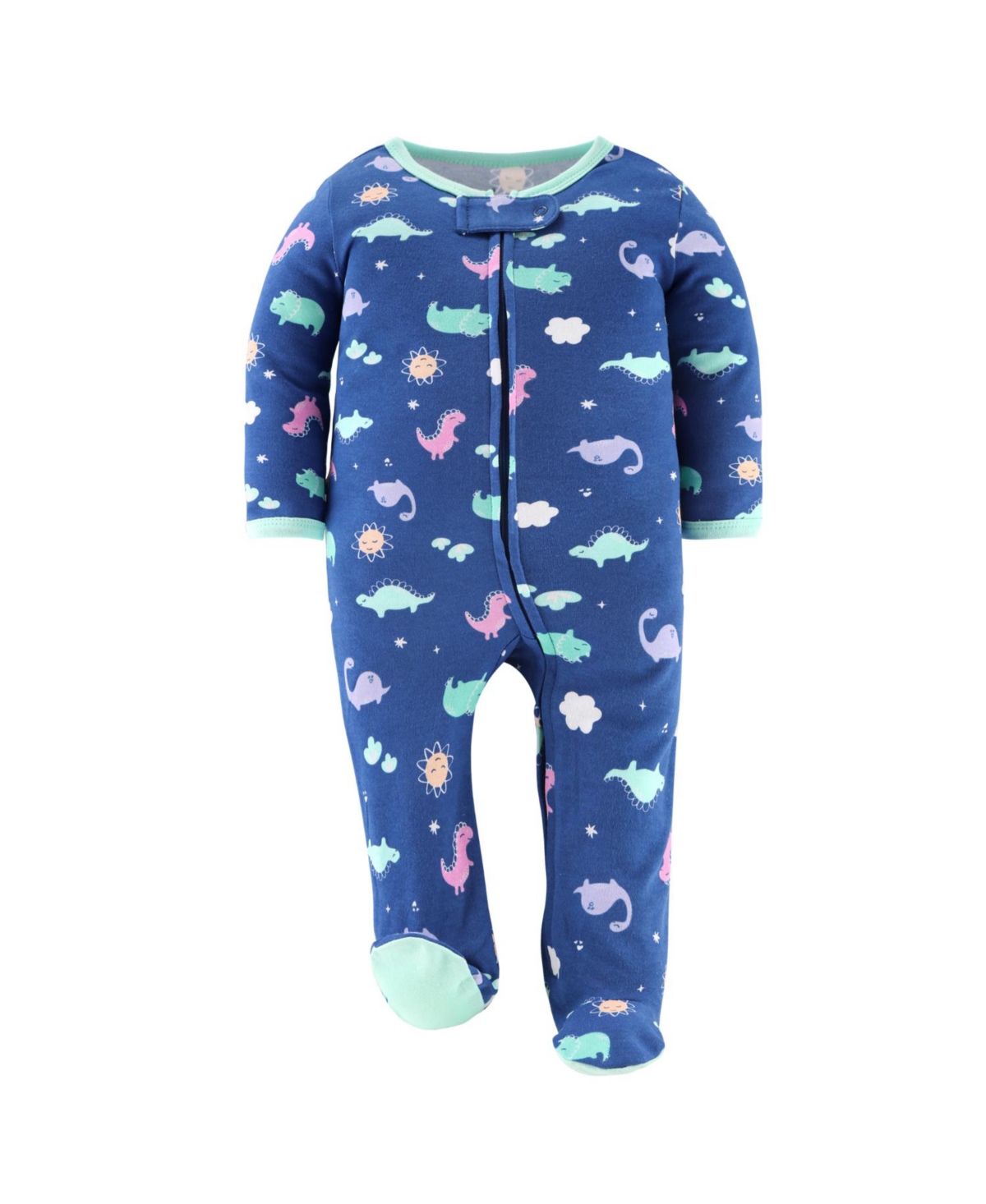 The Peanutshell Baby Girls Dino Footed Sleepers for Girls, 3 Pack -blue/green