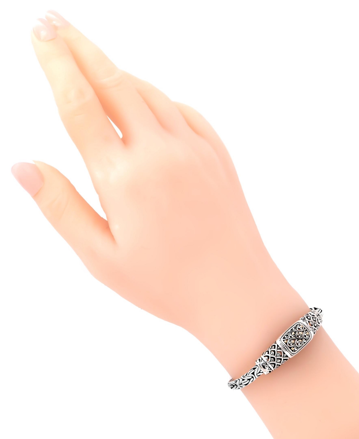 Devata Bali Dragon Skin with Borobudur Oval 5mm Chain Bracelet in Sterlingand 18K Gold Accents, Large 8.0 in - Silver