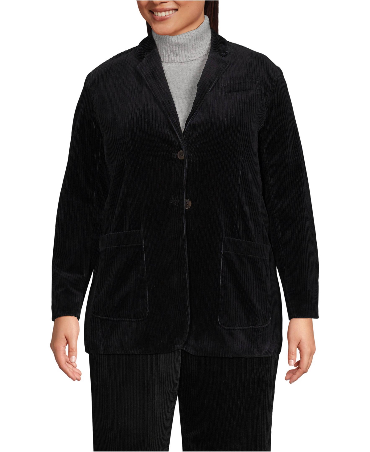 Plus Size Wide Wale Corduroy Blazer - Black