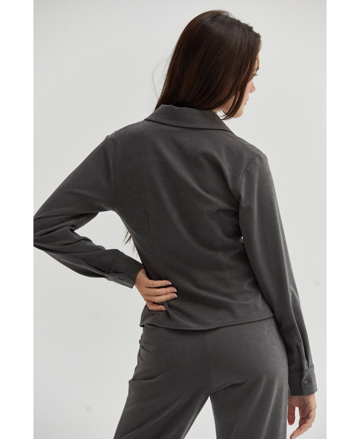 Crescent Women's Emberly Textured Satin Cowl Neck Satin Top - Dark grey + charcoal