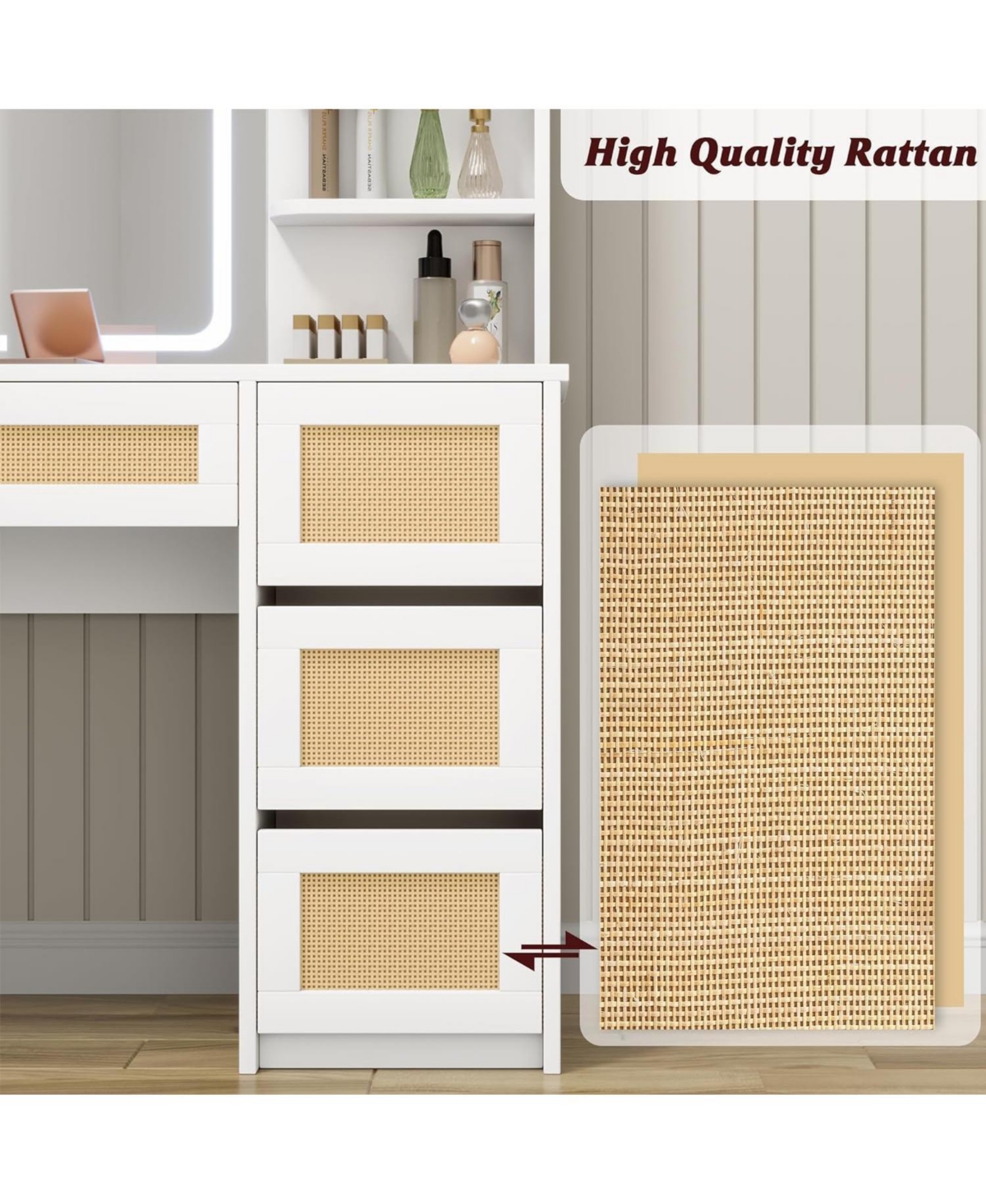 gaomon Rattan Makeup Vanity Desk with Charging Station, Vanity Desk with Mirror