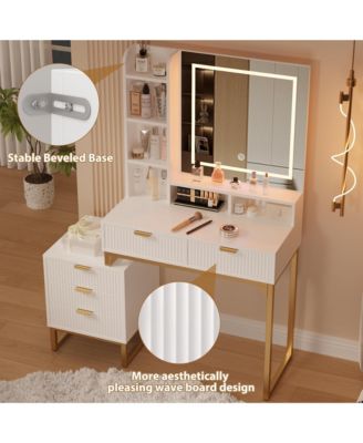 Makeup Vanity Desk with Mirror and Lights, Vanity Table with 5 Drawers, Vanity Set with Stool