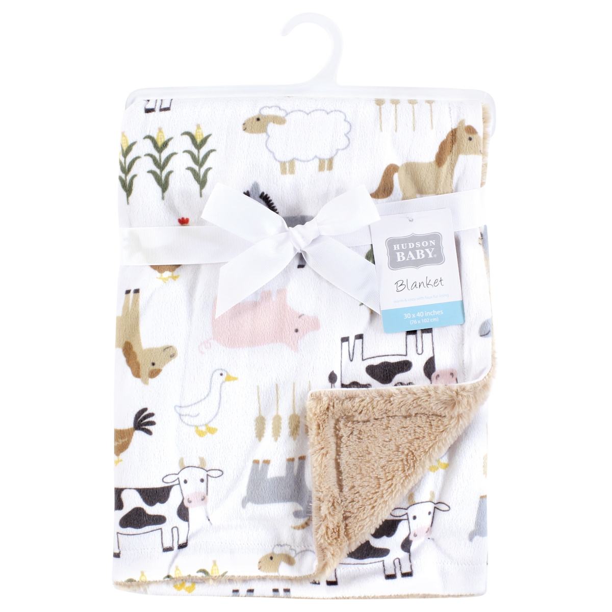 Hudson Baby Boys Plush Blanket with Furry Binding and Back, One Size - Cute farm