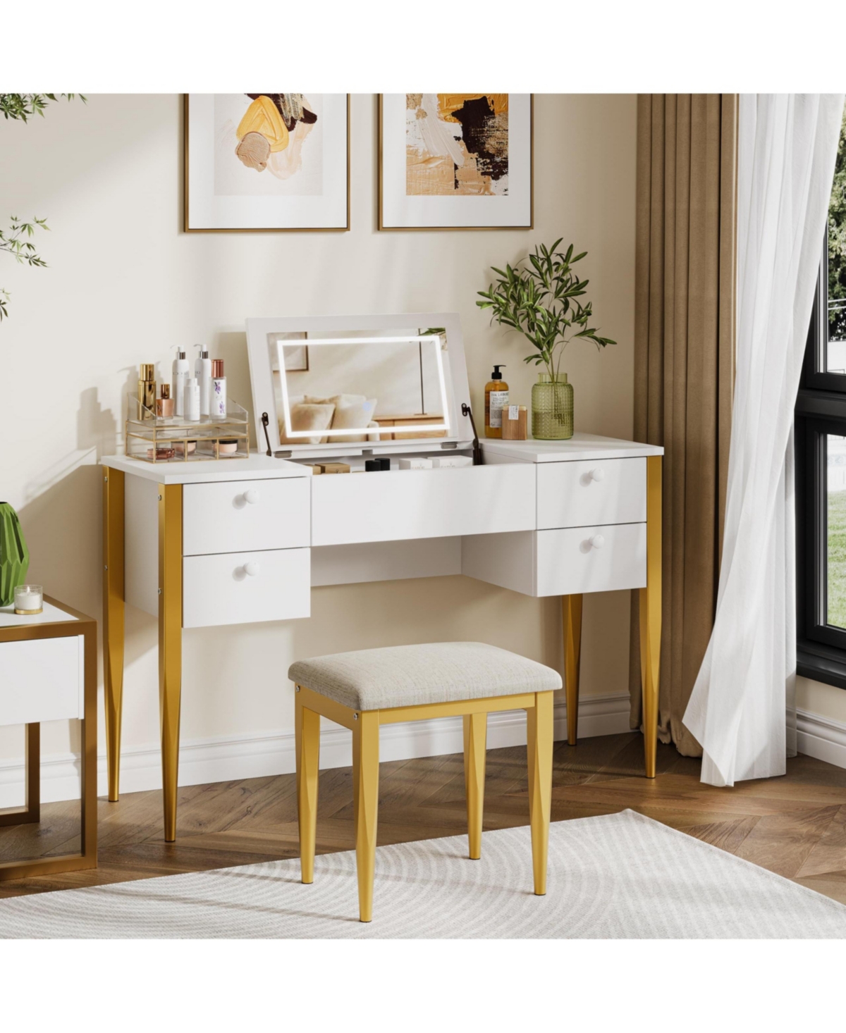 gaomon Makeup Vanity Desk with Flip Top Mirror and Lights, 47“ 3 in 1 Vanity Table with 5 Drawers, 3 Lighting Mode