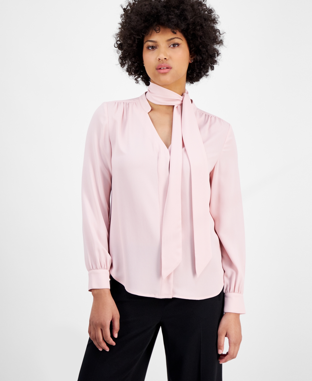 Women's Tie-Neck Long-Sleeve Blouse, Exclusively at Macy's - Bar White