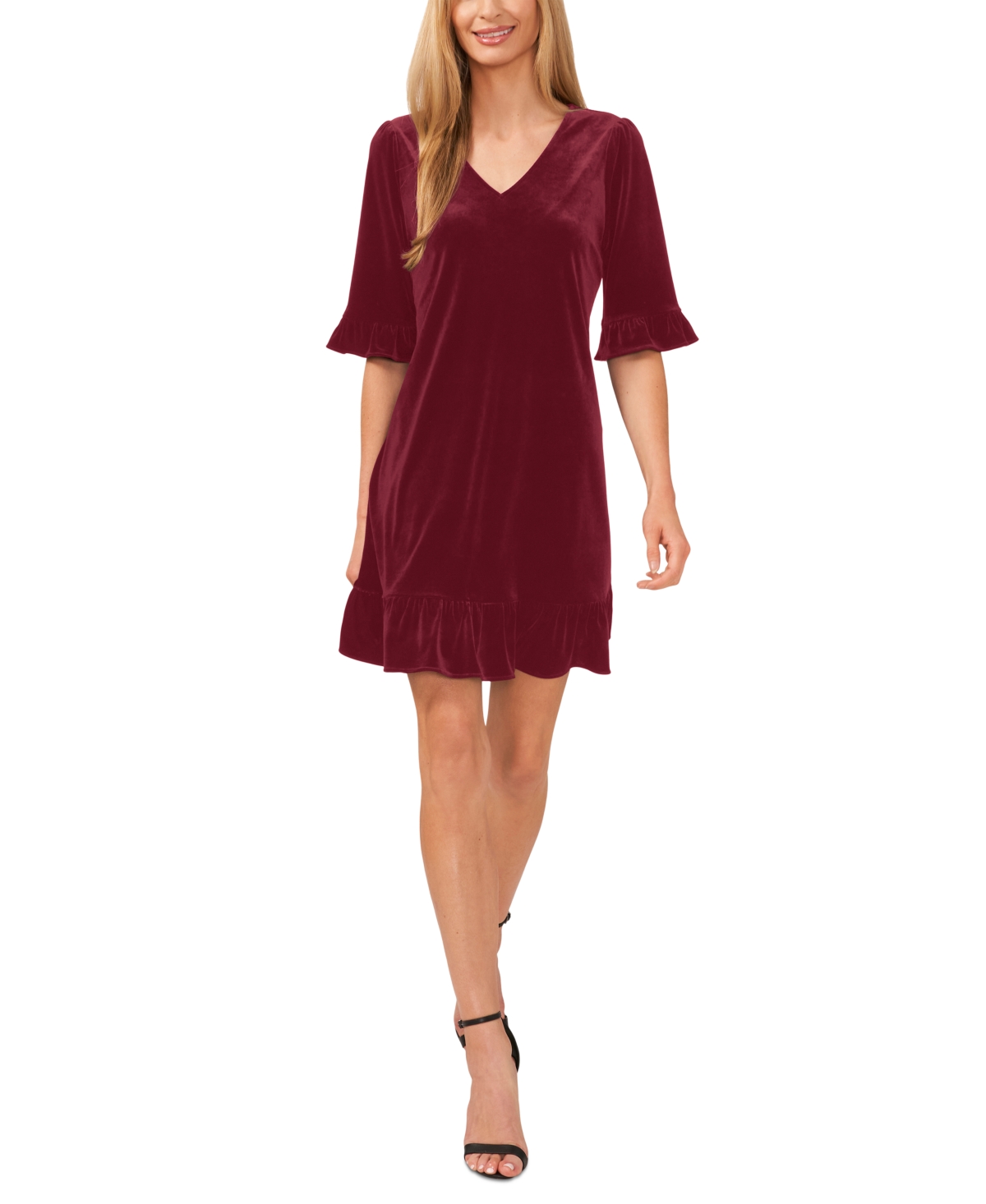 Shop Cece Women's Velvet 3/4-sleeve Ruffle Trim Shift Dress In Majestic Wine