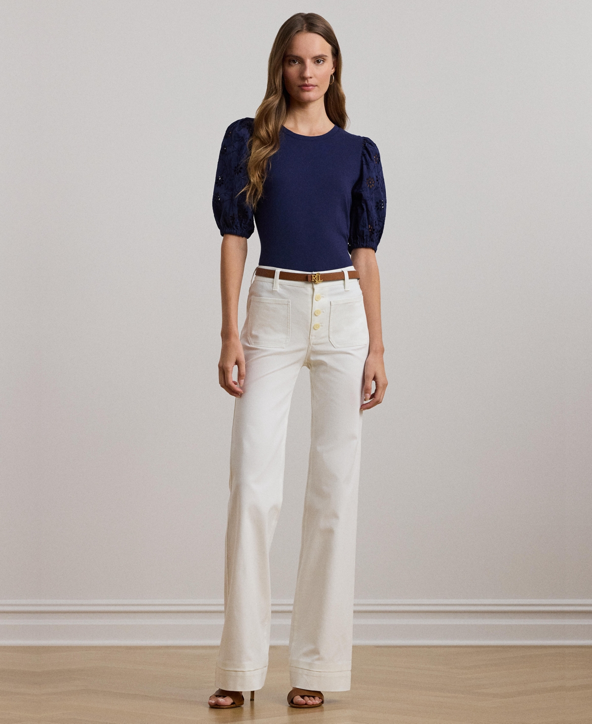 Lauren Ralph Lauren Women's Eyelet Jersey Puff-Sleeve Tee