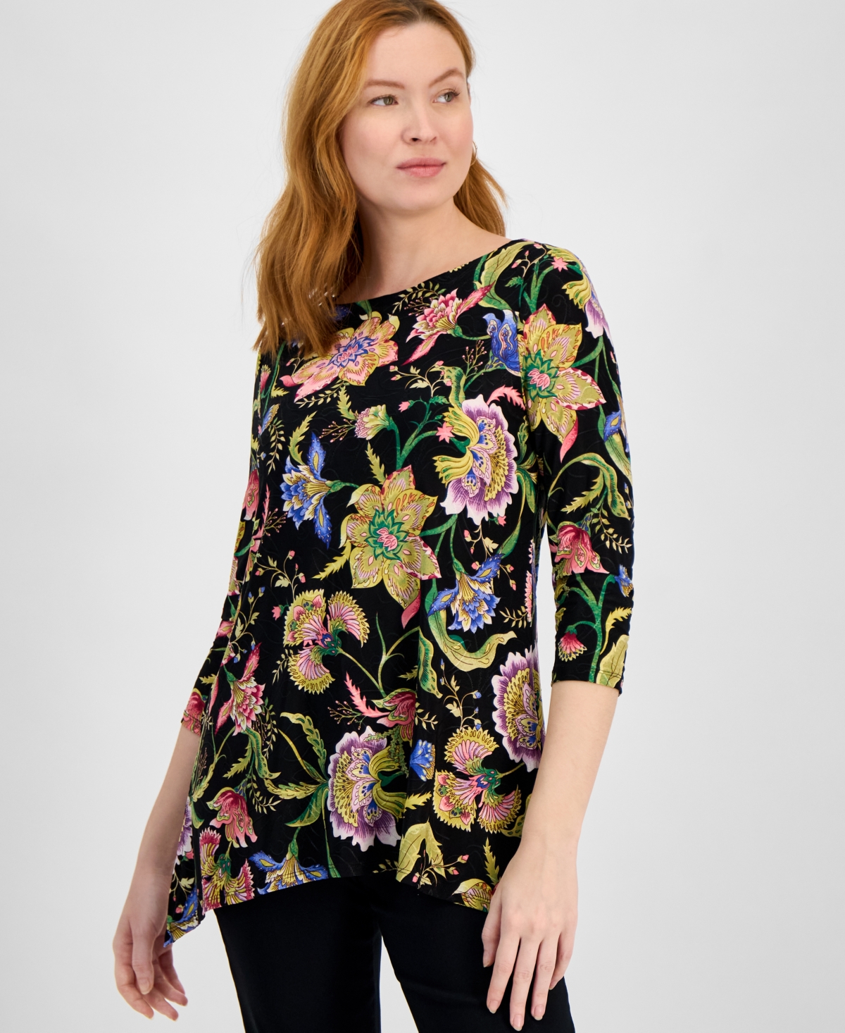 JM COLLECTION WOMEN'S PRINTED JACQUARD SWING TOP, EXCLUSIVELY AT MACY'S 