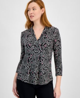 JM Collection - Petite Paisley-Print Ity V-Neck Top