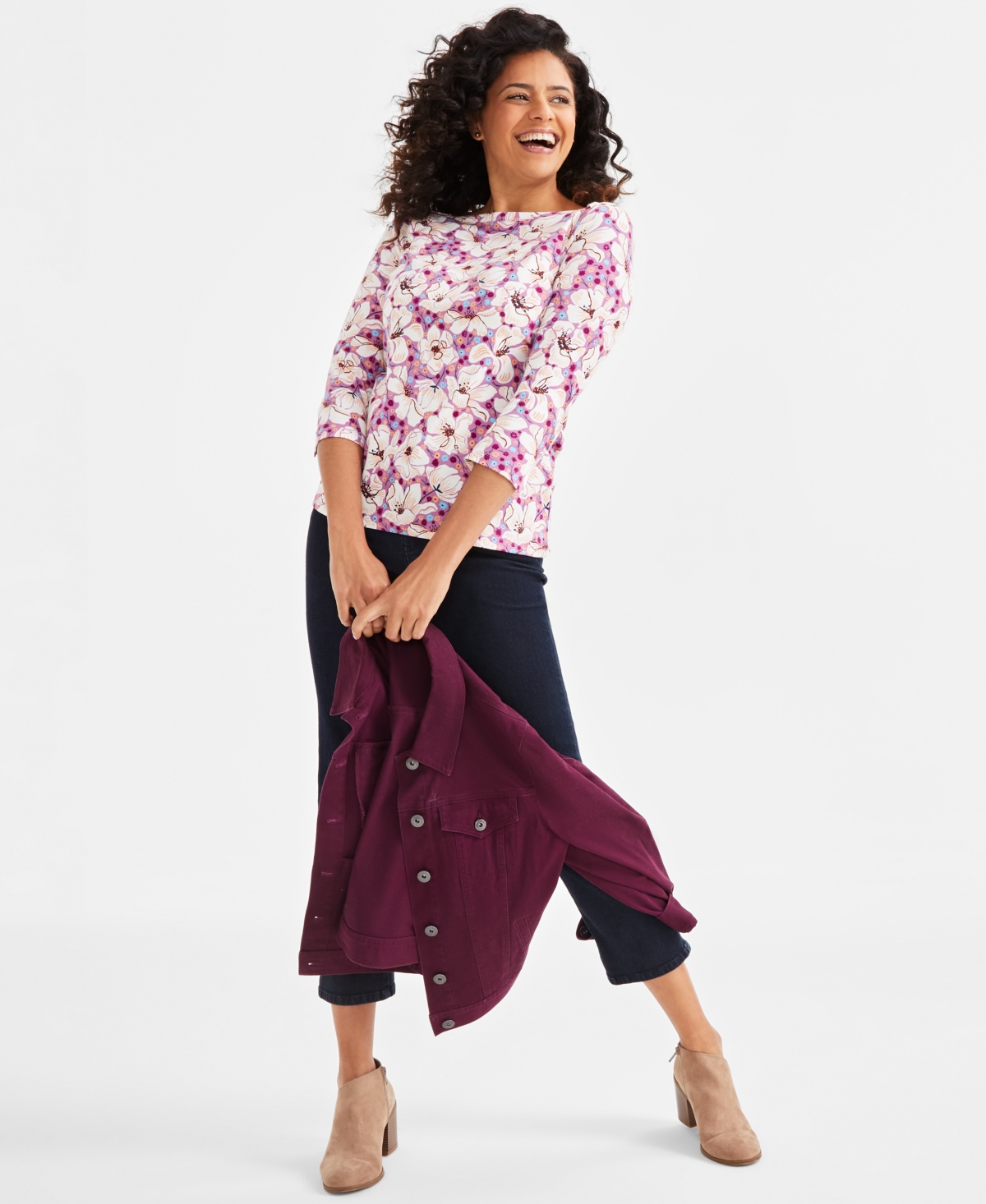 Style & Co Petite Blooming Floral Cotton 3/4-Sleeve Top, Exclusively at Macy's