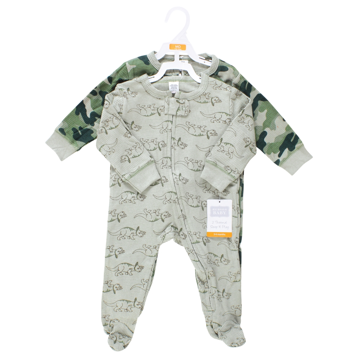 Hudson Baby Baby Boys Thermal Zipper Sleep and Play 2pk, Months - Sage dinosaur