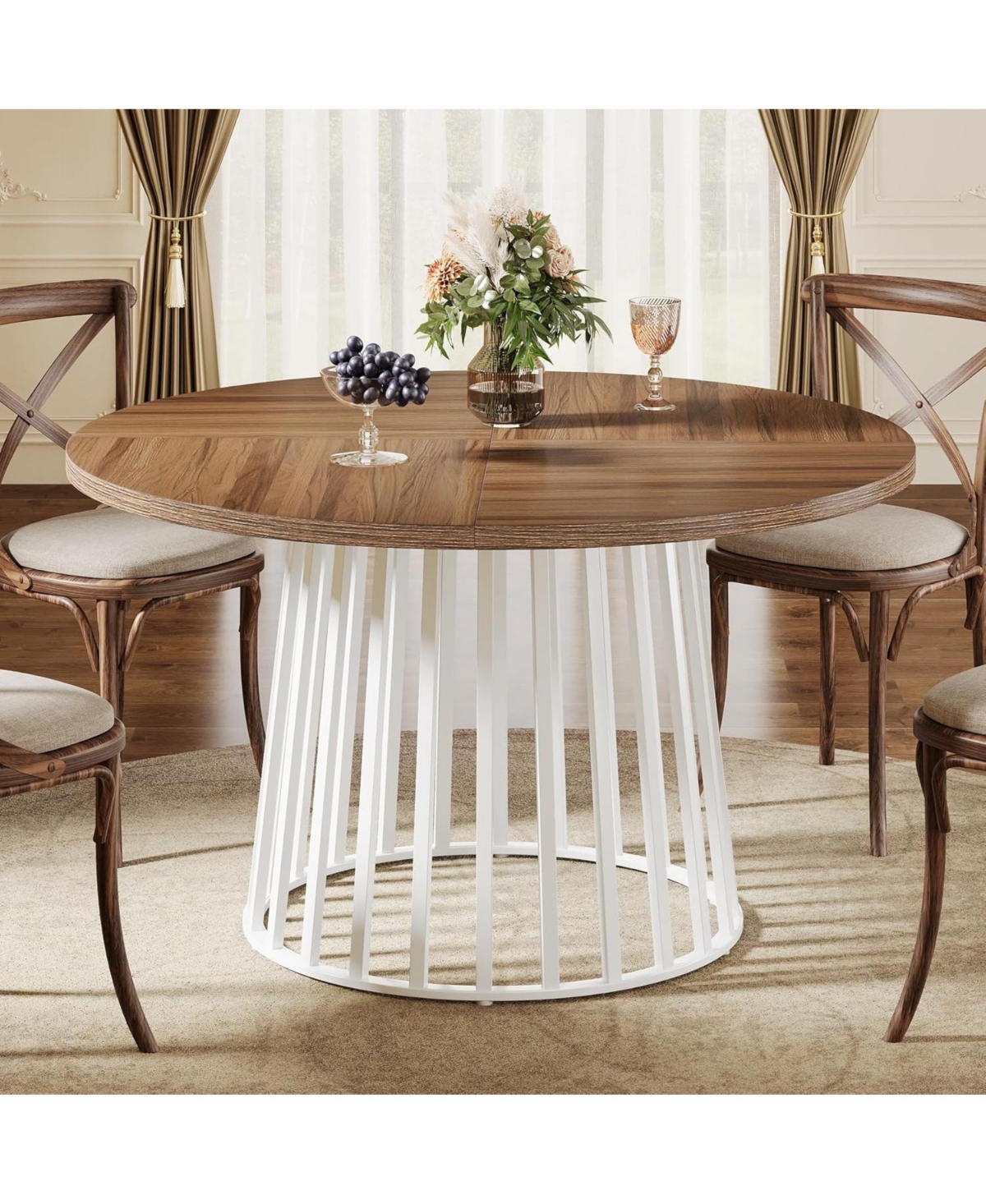 Tribesigns Round Dining Table for 4-6 People, Farmhouse Dinning Room Table Circle Kitchen Table with White Metal Base, Industrial Dinner Table for