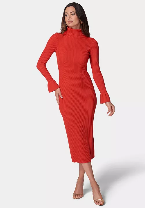 women's bell sleeve turtleneck midi dress