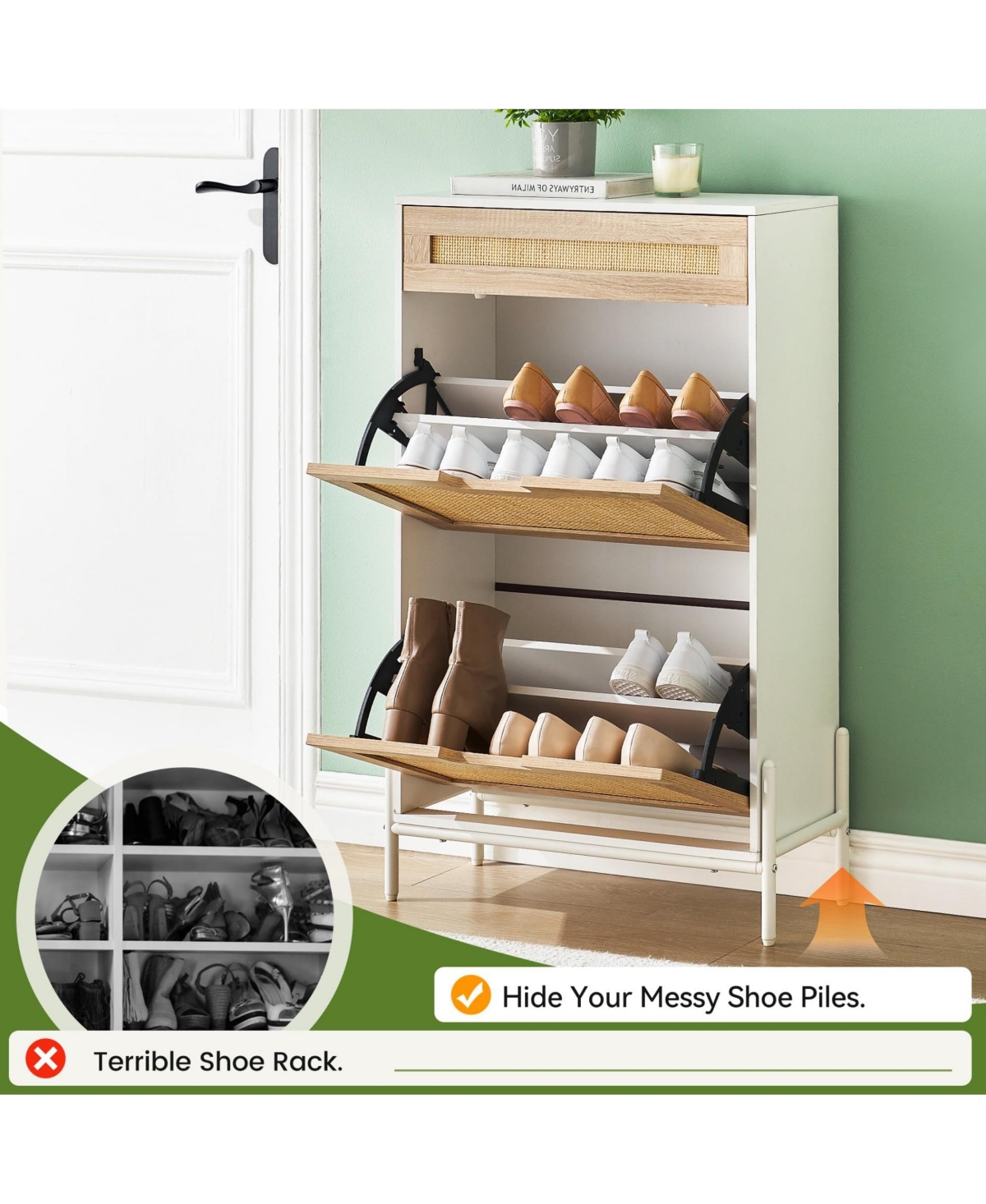 gaomon Natural Rattan 2 Flip Door with 1 Drawer Shoe Cabinet Organizer Freestanding, Modern Shoe Rack Storage Organizer with 3-Tier Adjustable Shelves
