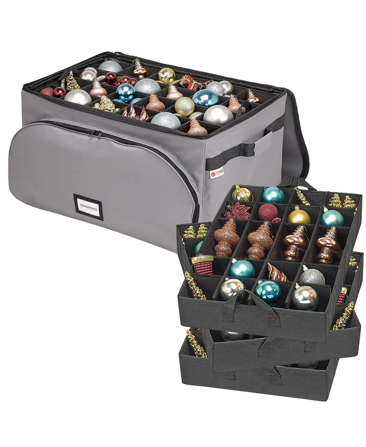 Christmas Ornament Storage Box with 3 Trays Holds Up to 72-4 Inch Ornaments - Grey
