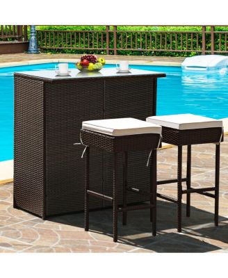 3-piece Rattan Wicker Bar Table Stools Dining Set Cushioned Chairs