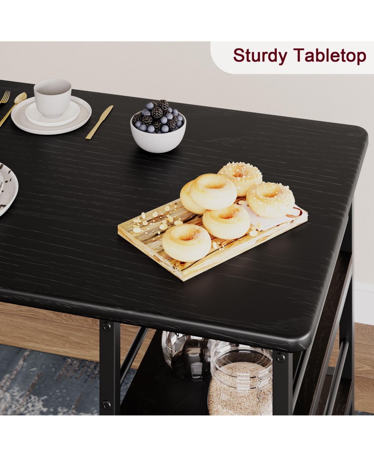 gaomon Dining Table Set for 2, Bar Table and Chairs for 2, Kitchen Table Set with 2 Upholstered Chairs,3 Large Storage Shelves- Black