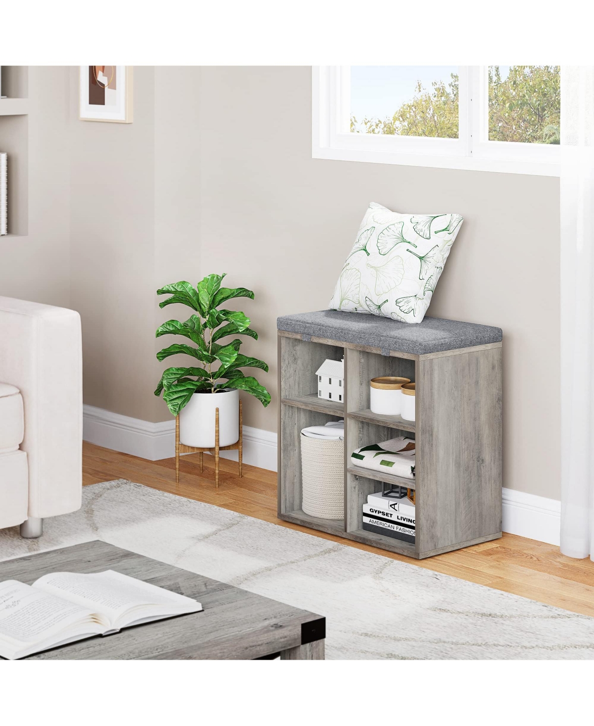 gaomon Inches Shoe Bench with Cushion, Shoe Rack Bench, Ten Cubbies Storage Entryway Bench with Adjustable Shelves