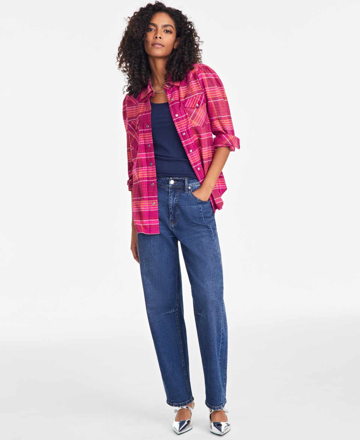 ON 34TH WOMEN'S PLAID PUFF SLEEVE FLANNEL SHIRT, EXCLUSIVELY AT MACY'S 