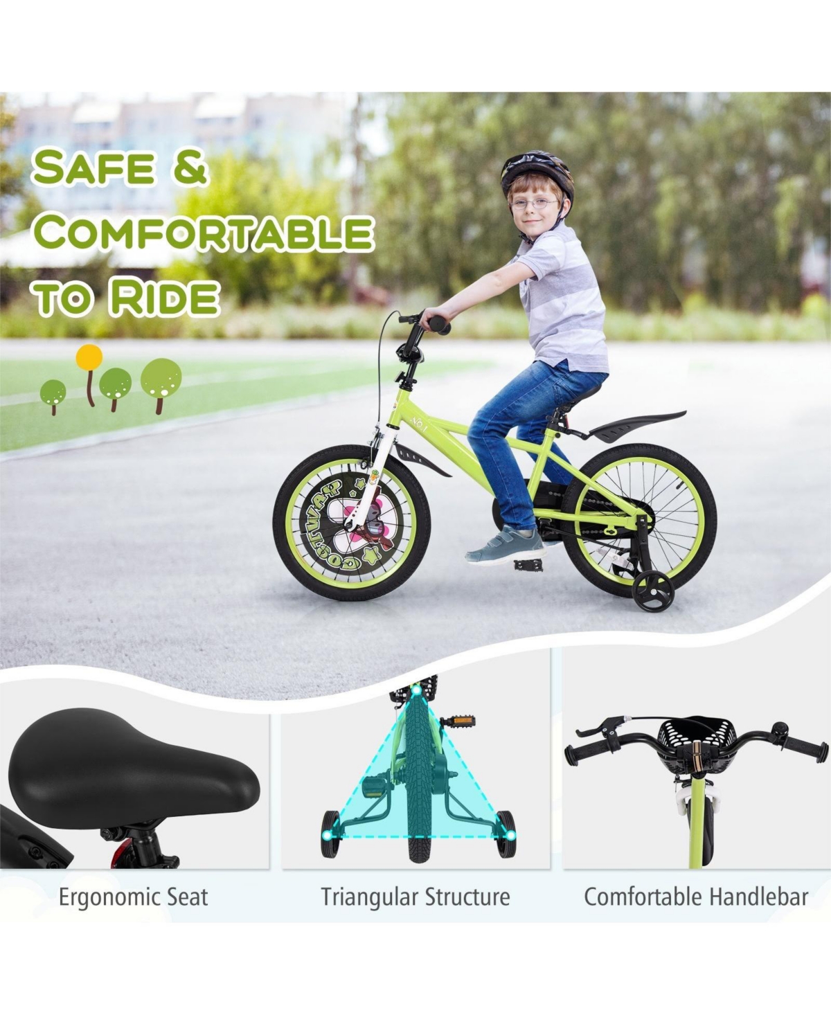 Hongge 16/18 Kids Bike Adjustable with Detachable Training Wheels for 4-8 Years Old