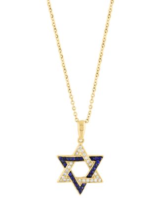 EFFY&reg; Sapphire (1/6 ct. t.w.) & Diamond (1/8 ct. t.w.) Star Of David Pendant Necklace in 14k Gold, 18" + 1" extender
