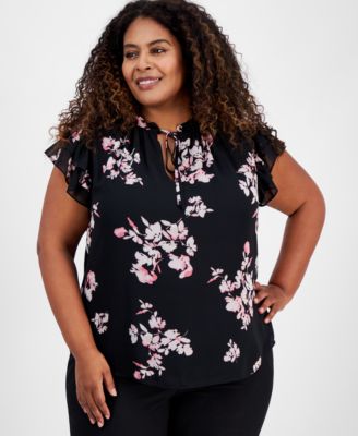 Anne Klein - Plus Size Floral-Print Ruffle-Sleeve Blouse