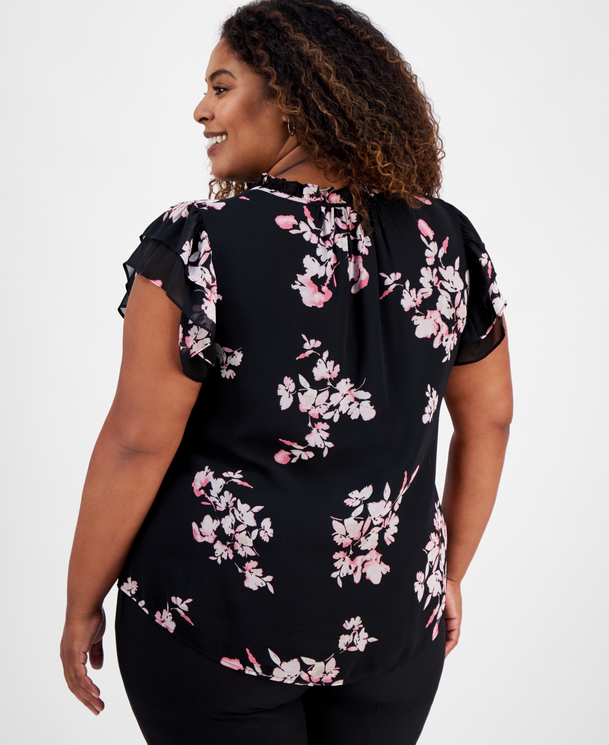 ANNE KLEIN PLUS SIZE FLORAL-PRINT RUFFLE-SLEEVE BLOUSE