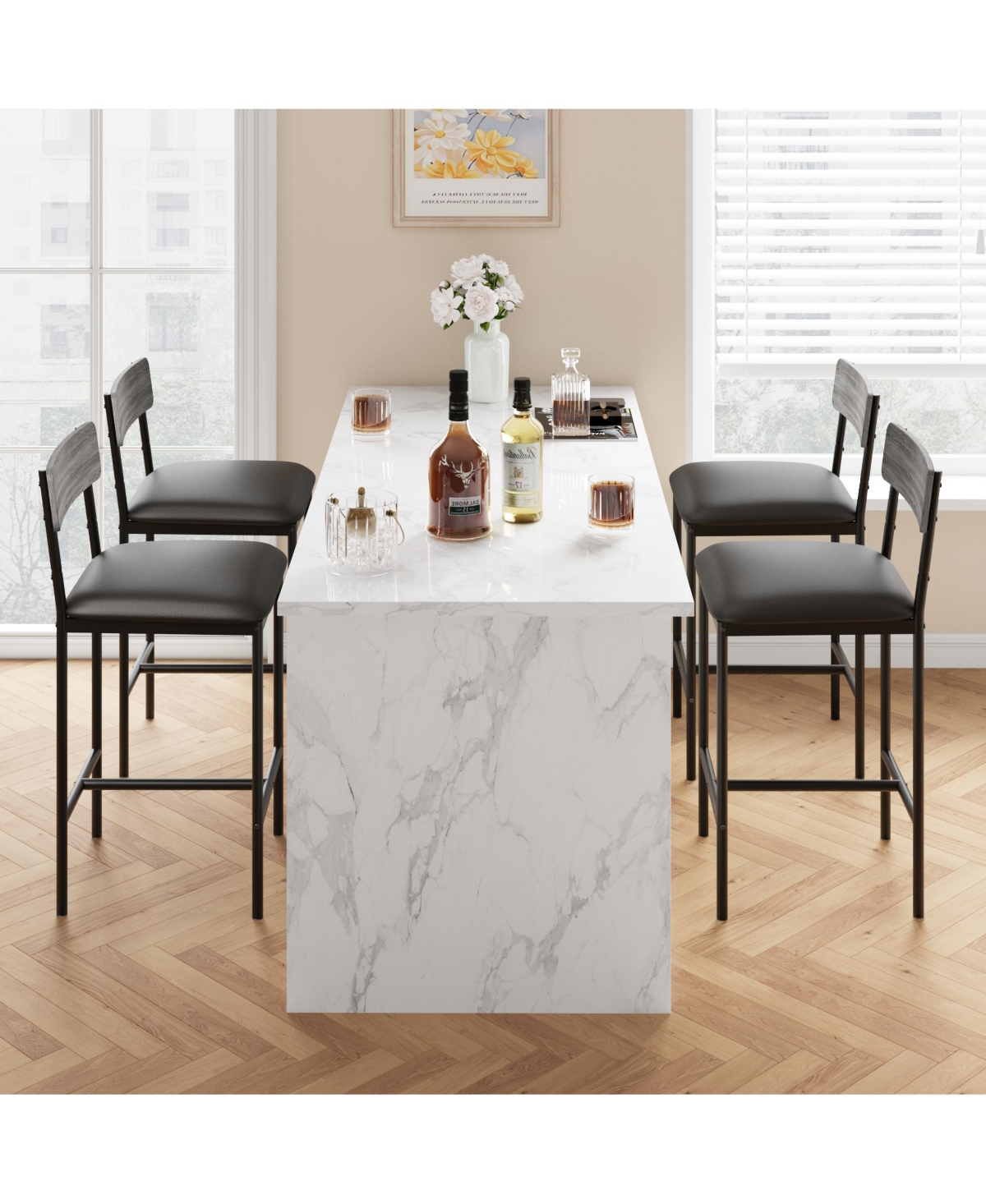 gaomon Bar Stools Set of 4, Upholstered Bar Chairs with Back, 25.5 Inches Kitchen Bar Stools with Footrest,- Grey