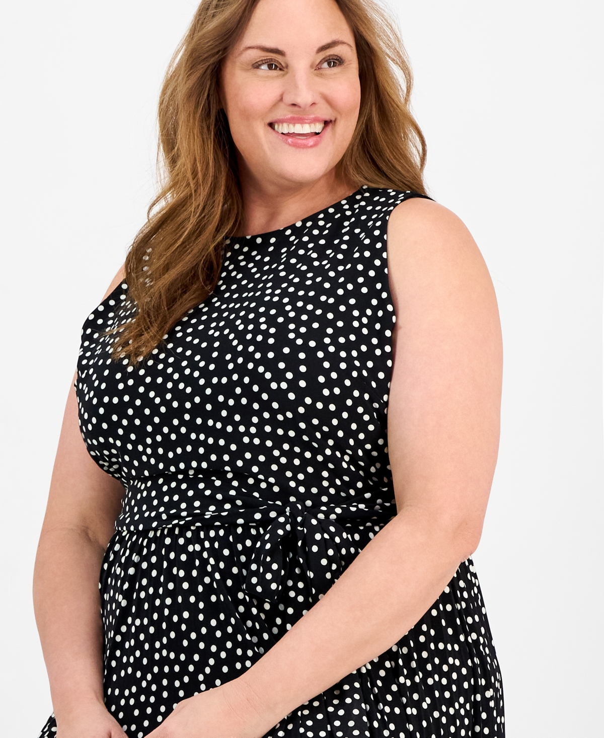 Anne Klein Plus Size Dot-print Pleated Midi Dress In Anne Black,white Dove