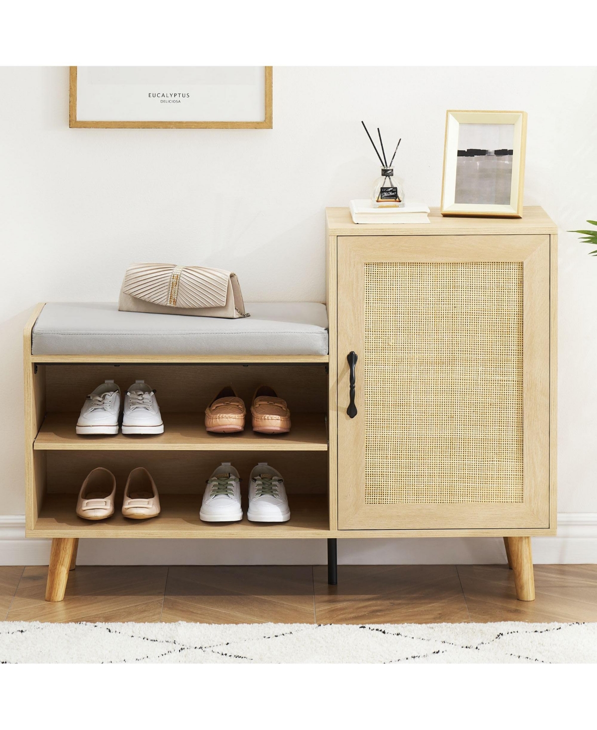 gaomon Natural Rattan Shoe Storage Bench with Upholstered,2-in-1 Shoe Cabinets with Adjustable Shelf