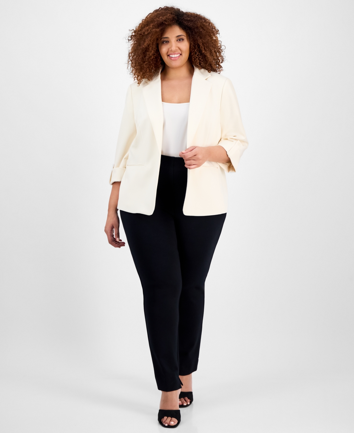 Ak Anne Klein Anne Klein Plus Size 3/4-sleeve Open-front Blazer In Anne White